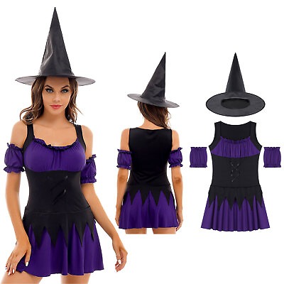 #ad Womens Halloween Party Witch Cosplay Outfits Fancy Dress Ups with Hat Costumes $7.04