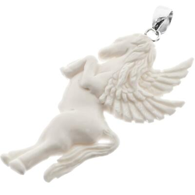 #ad 925 Silver Handmade Pegasus Horse Wings Bison Bone Sterling Pendant 2 3 4quot;
