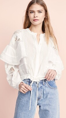 #ad quot;Iroquot; Musical Top S 36 Women#x27;s Casual Long Sleeve Ruffled White Blouse NEW 36477