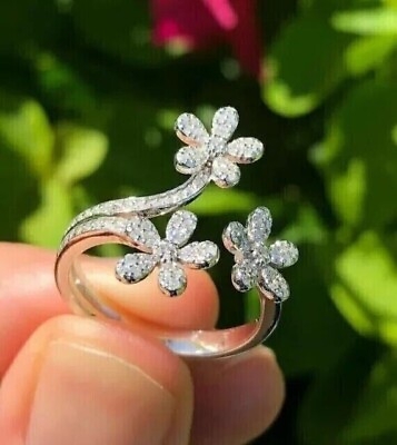 #ad 2Ct Round Lab Created Diamond Flower Shape Art Deco Ring In 14K White Gold Over