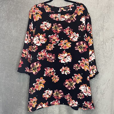 #ad Lane Bryant 2X 24 Shirt Top Black Floral 3 4 Sleeve Scoop Neck Textured Stretch