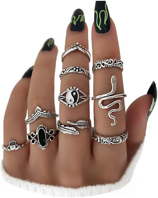 #ad Vintage Silver Knuckle Ring Set Star Moon Elephant Stackable Rings Chain Flower