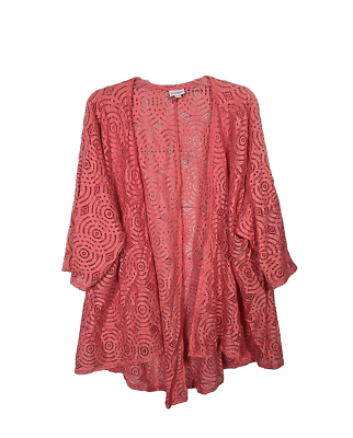 #ad LuLaRoe Coral Pink Crochet Open Front 3 4 Sleeve Kimono Top Womans Size Large