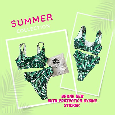 #ad Bikini Set Two Piece Small New Tropical Print Palm Tree High Waisted Cheeky $15.00