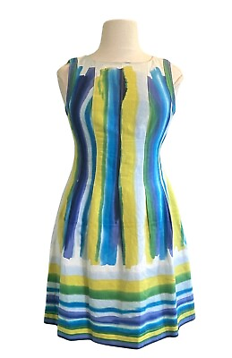 #ad Calvin Klein Sleeveless Boat Neck Watercolor Pattern Linen Blend Dress Size 12