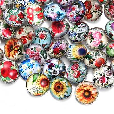 #ad 50pcs 18mm Snap Button Mix Flower Glass Snap Charms For 20mm Snap Jewelry HM150