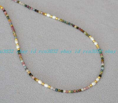 #ad Faceted 3mm Natural Multicolor Tourmaline White Pearl Round Beads Necklace AAA