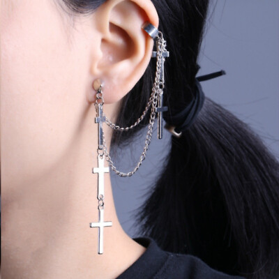 #ad Gothic Punk Cuff Dangle Drop Cross Earrings Long Chain Stud Tassel Gift Silver