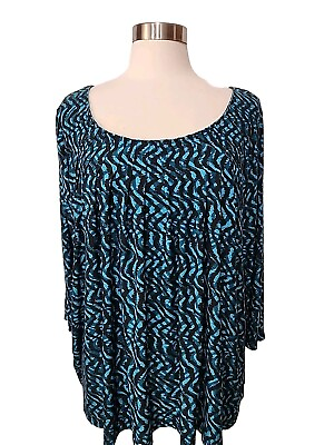 #ad Rafaella Womens Blue Peasant Top 2X Pleated Neck Pullover 3 4 Sleeve Stretch