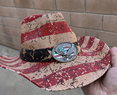 #ad Western American Flag Cowboy Hat Metal Eagle Buckle Stiff Hat