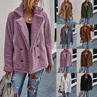 #ad Womens Warm Teddy Bear Lapel Jacket Outwear Ladies Button Fleece Fluffy Coat Top