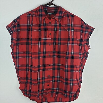 #ad Madewell Blouse Women OverSize XS Red Black Check Short Sleeve Button Up Blouse