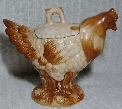 #ad Vintage Chicken Sugar Bowl Creamer Ceramic Brown Hen 5quot; Cottage Granny Core Salt