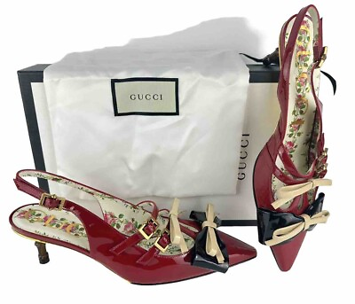#ad Gucci NIB 7.5 US 37.5 EU Black Red Patent Leather Bamboo Bow Heels Shoes Bag