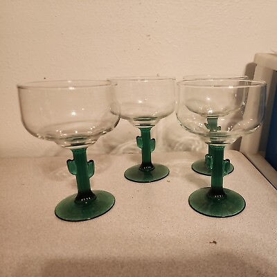 #ad Set of 4 Libbey Margarita Goblets Glass With Green Juniper Cactus Stems *NICE*