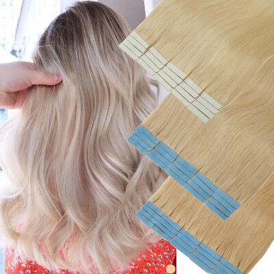 #ad White American Skin Weft Tape In Hair Extensions Full Head 100% Remy Human Hairs