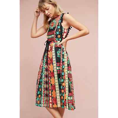 #ad Anthropologie Saskia Floral Embroidered Tassel Pom Midi Dress Sleeveless Size 8P