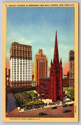 #ad 1940s New York City Trinity Church Broadway Wall Street Linen Postcard
