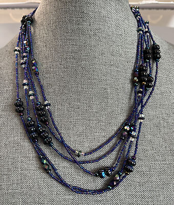 #ad NECKLACE 5 Strands Beads Purple Blue White Black Aurora Borealis 21 in See Photo