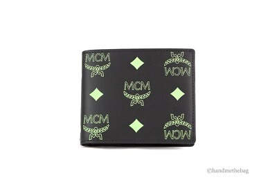 #ad MCM Small Black Summer Green Smooth Visetos Monogram Logo Leather Bifold Wallet
