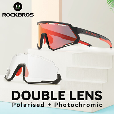 #ad ROCKBROS Polarized Cycling Glasses Photochromic Sunglasses Riding Goggles 2 Lens
