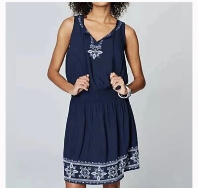#ad J Jill Navy Blue Embroidered Tassel Tie Boho Tank Dress Size Large