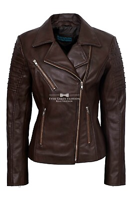 #ad Ladies Fashion Leather Jacket Brown Stylish Biker Style 100% Real Leather 9334