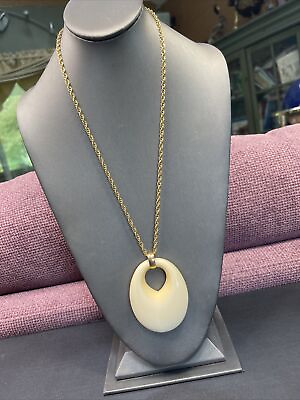 #ad Vintage 12 karat Yellow gold filled Cream Color Pendant Necklace 28” Signed