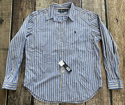 #ad VINTAGE POLO RALPH LAUREN CLASSIC FIT STRIPED SHIRT BLUE YELLOW MENS XL NEW