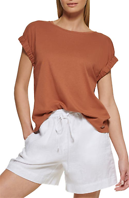 #ad DKNY Women#x27;s Elastic Cuff T Shirt Brown Size Medium