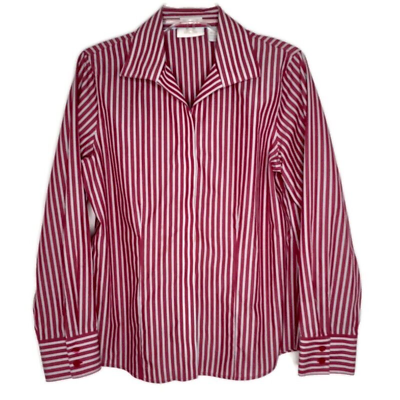 #ad Chico#x27;s Womens Size 1 Blouse V Neck Hidden Button Front Long Sleeve Maroon Strip