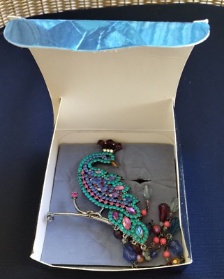 #ad Avon 2004 Dazzling Rhinestone Huge Peacock Brooch Pin with Beaded Tail 6quot;