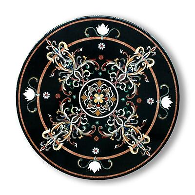 #ad 30quot; Marble Black Coffee Round Dining Table Top Pietra Dura Inlay antique X mas