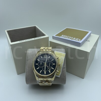#ad Michael Kors Lexington MK8286 Chronograph Black Dial Gold Bracelet Men#x27;s Watch