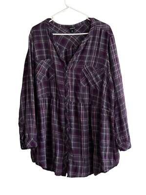 #ad Torrid Size 5x Blouse Top Challis Long Sleeve Purple Plaid Button Down Shirt