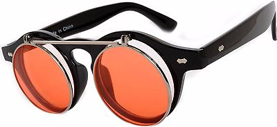#ad Flip Up C4 Gothic Retro Round Circle Plastic Sunglasses Black Frame Red Lens