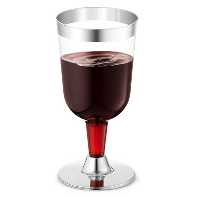 #ad 10 Disposable Wine Glasses Silver Rim Plastic Dinner Party Champagne Flute 5.5oz
