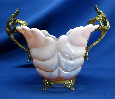 #ad MILKY PINK amp; CLEAR HAND BLOWN ART GLASS IN BRASS HOLDER VASE BOWL
