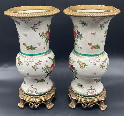 #ad Pair Hand Painted Vases 17quot; H Gilt Bronze Fittings Butterflies Fruits amp; Flowers