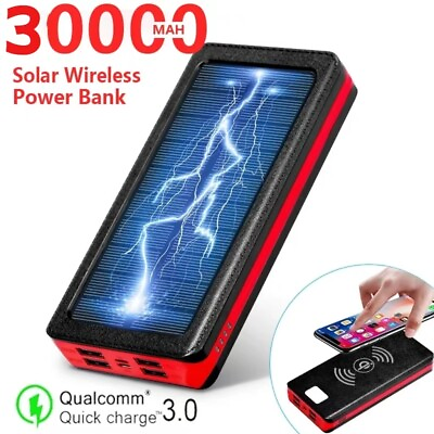 #ad 30000mAh Solar Phone Power Bank Fast Charger Portable LED Light External Battery