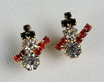 #ad Rhinestone Snowman Stud Earrings Holiday Snowman White Red and Green
