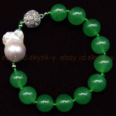 #ad Huge 14mm Natural Green Jade amp; 13x18mm White Keshi Baroque Pearl Bracelet 7.5#x27;#x27; $16.99