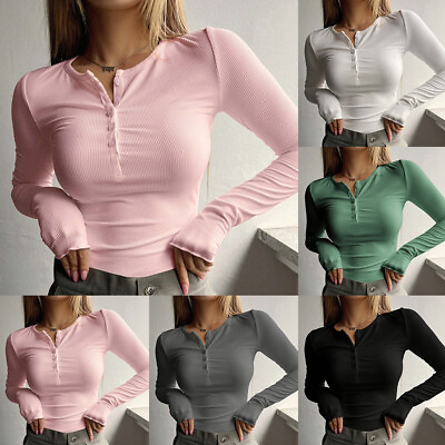 #ad Women#x27;s Basic Long Sleeve Top Slim Fit Stretchy Crew Neck T Shirt Plain Cotton 、