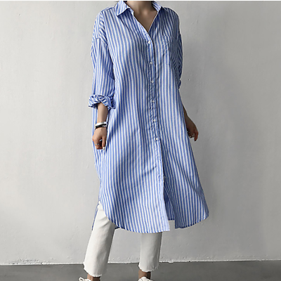 #ad Women Retro Fashion Casual Korean Striped Button Down Shirt Tunic Dress Blouse