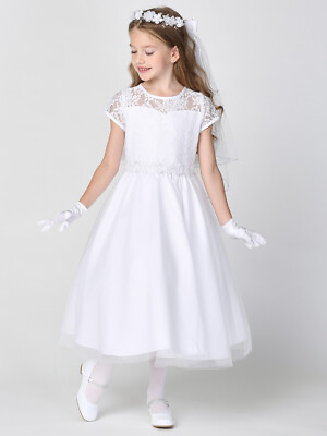 #ad NEW Lace Bodice and Tulle Skirt Tea length Dress Holy Communion Flower Girl
