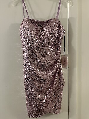 #ad NWT Crystal Sky Sequin Faux Wrap Mini Spaghetti Strap Lined Dress Pink Medium