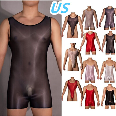 #ad US Men#x27;s Glossy Sheer Sleeveless Bodysuit Leotard Jumpsuit Wrestling Singlet
