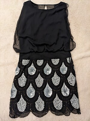 #ad Betsy Adam Party Mini Dress Sleeveless Crape top Tiered Sequin Bottom Size 4 $23.90
