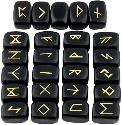 #ad Rune Stones Set Engraved Elder Futhark Alphabet Crystal Black Obsidian 25 Stones $16.99