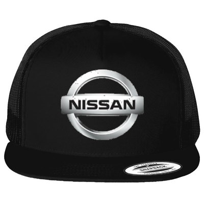#ad Nissan Car Auto Logo Emblem Printed on Black Yupoong Hat Flat Bill Trucker Cap